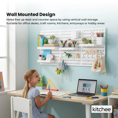 Kitchee Pegboard Wall Organiser Storage Kit 18 with Hooks and Baskets White