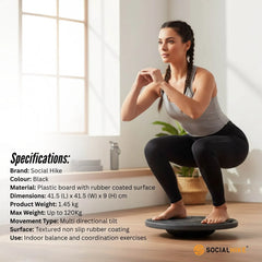 Social Hike Balance Board Wobble 41cm - Non-Slip Round Exercise Trainer Black