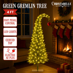 Christabelle 4ft Christmas Gremlin Tree Curved Top Red Bauble Built In Green & White LED Lights Foot Pedal Control