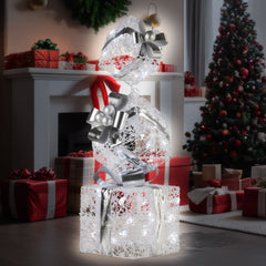 Christabelle 83cm Triple Christmas Silver Giftbox Stack Display with Lights