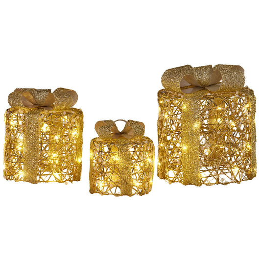 Christabelle Set of 3 Christmas Gift Box Display Gold with LED Lights and Bows Decoration Ornament Present