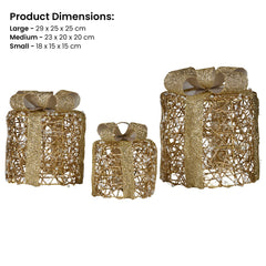 Christabelle Set of 3 Christmas Gift Box Display Gold with LED Lights and Bows Decoration Ornament Present