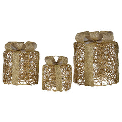 Christabelle Set of 3 Christmas Gift Box Display Gold with LED Lights and Bows Decoration Ornament Present