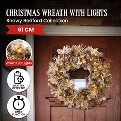 Christabelle 61cm Snowy Christmas Wreath Bedford with LED Lights Front Door Decoration Ornament