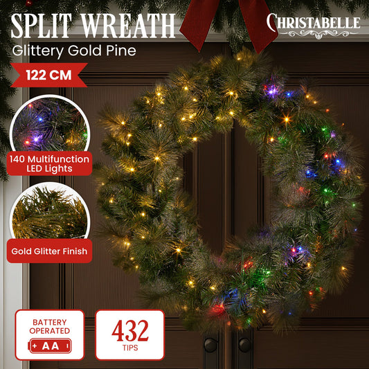 Christabelle 1.22m Split 2pc Christmas Wreath with LED Lights Pine Dual Front Doors Decoration Ornament