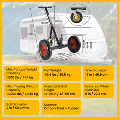 Kartrite 3-Wheel Adjustable Trailer Dolly Heavy Duty Caravan Mover 1000 lbs Tongue Capacity Durable Transport Solution
