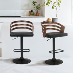 Sarantino Set Of 2 Bentwood Walnut Barstool Adjustable Height Swivel Footrest