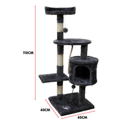 Furtastic 110cm Cat Tree Scratching Post Tower - Dark Grey Plush Activity Centre with Cubby House Condo & Toys