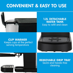 Pronti KCM-850D Coffee Machine 20 Bar Espresso Maker with Milk Frother and 1.25L Tank