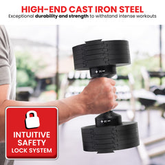 Powertrain Eon 90kg Adjustable Dumbbells Home Gym 9 Strength Training Safety Lock System Building & Fitness Workouts