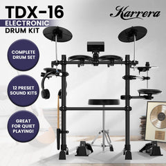 Karrera TDX-16 Electronic Drum Kit with LCD, Toms, Snares Quiet Mesh Pads & Pedals, Adjustable Stool, Headphones