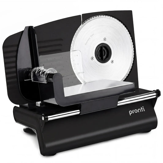 Pronti Black Electric Food Slicer 200W with Adjustable Thickness 1 to 15mm Serrated and Fine Edge Stainless Steel Blades
