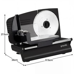 Pronti Black Electric Food Slicer 200W with Adjustable Thickness 1 to 15mm Serrated and Fine Edge Stainless Steel Blades