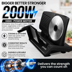 Pronti Black Electric Food Slicer 200W with Adjustable Thickness 1 to 15mm Serrated and Fine Edge Stainless Steel Blades