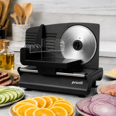 Pronti Black Electric Food Slicer 200W with Adjustable Thickness 1 to 15mm Serrated and Fine Edge Stainless Steel Blades