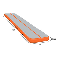 Powertrain Airtrack 20cm Thick 3m x 1m Inflatable Gymnastics Tumbling Mat Air Track - Orange