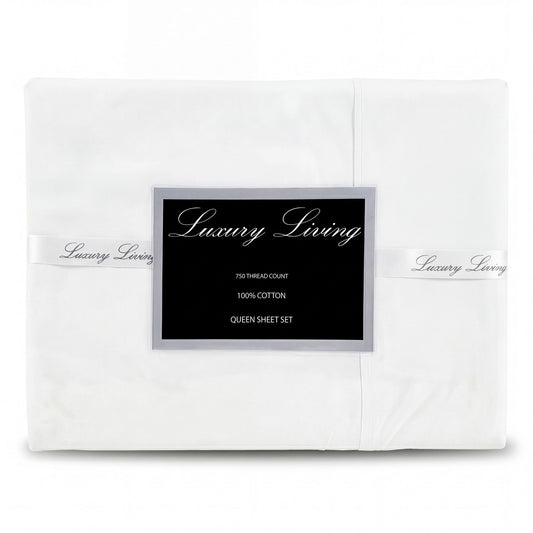 Laura Hill 750 Thread Count Pure Cotton Queen Bed Sheet Set 4 Piece Gift Pack - White