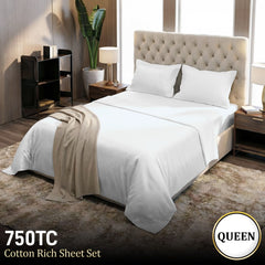 Laura Hill 750 Thread Count Pure Cotton Queen Bed Sheet Set 4 Piece Gift Pack - White