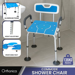 Orthonica Height-Adjustable Aluminium Commode Shower Chair with Armrests Backrest Armrests Soft Stool Seat Aid