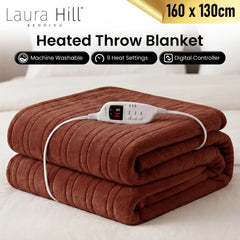 Laura Hill Electric Heated Blanket Throw Soft Coral Fleece w/ 9 Heat Settings - Brown