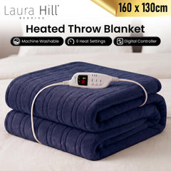 Laura Hill Electric Heated Blanket Throw Soft Coral Fleece w/ 9 Heat Settings - Blue
