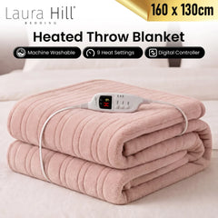 Laura Hill Electric Heated Blanket Throw Soft Coral Fleece w/ 9 Heat Settings - Pink