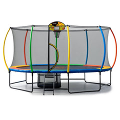 Kahuna 10 ft x 15 ft Oval Outdoor Trampoline w/ Basketball Set Reversible Rainbow & Orange Safety Pad Safety Net Ladder