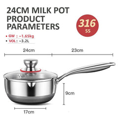 24cm 316L Stainless Steel Saucepan Compound Steel Honeycomb Nonstick Sauce Pan with Glass Lid 3.2L Pot Stay-Cool Handle Multipurpose Milk Saucepan, Induction Capable and Gas Stove