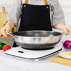 304 Stainless Steel 34cm Non-Stick Stir Fry Cooking Double Ear Kitchen Wok Pan with Lid Honeycomb Double Sided