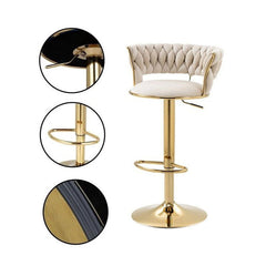 2x Height Adjustable Swivel Bar Stool Velvet Golden Base Barstools Chairs Padded Seat- Beige