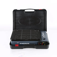 Portable Gas Stove Burner Butane BBQ Camping Gas Cooker With Non Stick Plate Black with Fish Pan and Lid
