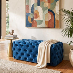 Elsa Navy Blue Velvet Ottoman-Rectangular