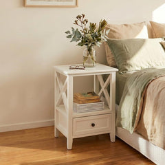 2-tier Bedside Table with Storage Drawer 2 PC Rustic White