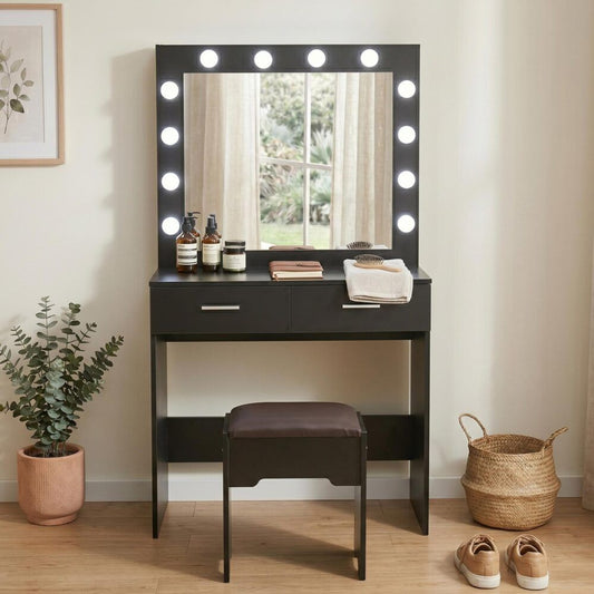 Fidel Vanity Set with Cushioned Stool and Lighted Mirror- Black