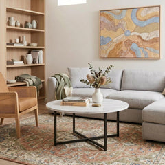 White Marble Effect Round Coffee Table with Black Legs