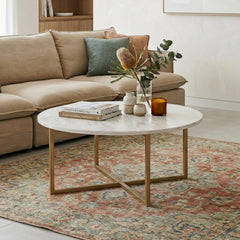 White Marble Effect Round Coffee Table with Gold Legs