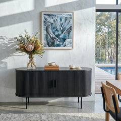 Ribbed Black Sideboard with Sliding Doors