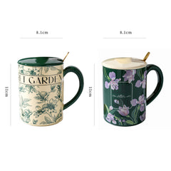 2X High-Fired Ceramic Porcelain Mug Set with Lid 400ml Vintage Floral Tea Spoon GREEN