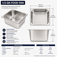 Commercial Stainless Steel GN 1/2 150mm Deep Gastronorm Bain Marie Buffet Steam Table Food Pan with Lid