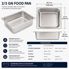 Commercial Stainless Steel GN 2/3 100mm Deep Gastronorm Bain Marie Buffet Steam Table Food Pan with Lid