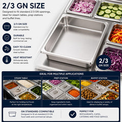 Commercial Stainless Steel GN 2/3 150mm Deep Gastronorm Bain Marie Buffet Steam Table Food Pan with Lid