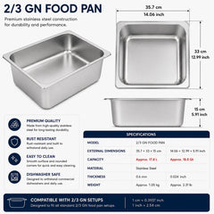 Commercial Stainless Steel GN 2/3 150mm Deep Gastronorm Bain Marie Buffet Steam Table Food Pan with Lid