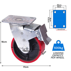 4x 5 inch Industrial 2000KG Swivel Brake Locking Caster Castor Wheels Casters 2x swivel 2x fixed Furniture Workbench