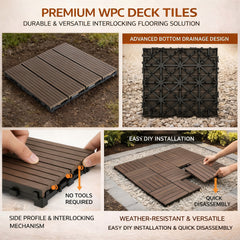 10PCS Interlocking Patio Deck Tiles 30cm x 30cm Outdoor Wood Flooring for Patio Garden Balcony Poolside Walnut