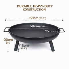 Outdoor Fire Pit 68cm Steel Fire Bowl Wood Burning Portable Heater Backyard Camping BBQ with Handles