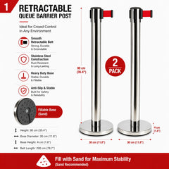 2 Pack Queue Barrier Stanchion Posts Retractable Belt Crowd Control Safety Barrier Silver Red