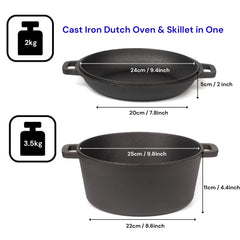 26cm 2-in-1 Cast Iron Dutch Oven & Skillet Set Pre-Seasoned Dual-Use Pot with Lid Fry Pan, Durable & Versatile Cookware