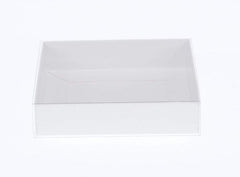 100 Pack of White Card Square Box - Clear Slide On Lid - 20 x 20 x 8cm - Large Beauty Product Gift Giving Hamper Tray Merch Fashion Cake Sweets Xmas