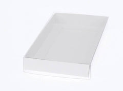 100 Pack of White Card Square Box - Clear Slide On Lid - 20 x 20 x 8cm - Large Beauty Product Gift Giving Hamper Tray Merch Fashion Cake Sweets Xmas