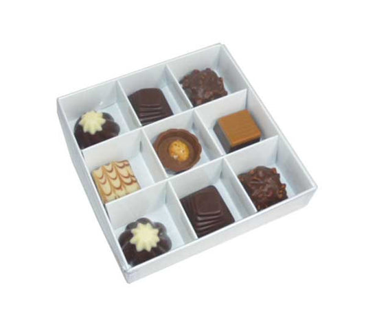 10 Pack of White Card Chocolate Sweet Soap Product Reatail Gift Box - 9 bay 4x4x3cm Compartments - Clear Slide On Lid - 12x12x3cm